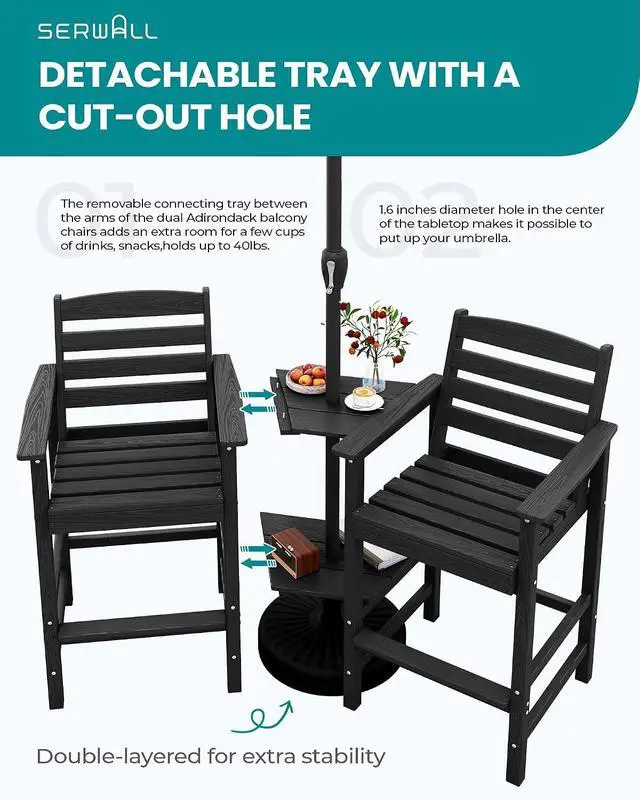 Alt view image 4 of 7 - Tall Adirondack Chairs Set of 2, Outdoor Bar Height Barstools Chair Set for Bistro, Poolside, Garden, Black (2 Pcs (Connecting))