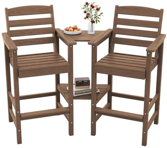 Main image of Tall Adirondack Chairs Set of 2 with Connecting Table, Balcony Adirondack Chairs Set, Outdoor Bar Height Barstools Chair Set for Bistro, Poolside, Garden, Brown