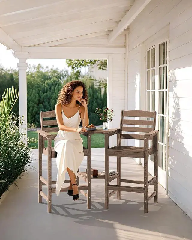 Alt view image 2 of 7 - Tall Adirondack Chairs Set of 2 with Connecting Table, Balcony Adirondack Chairs Set, Outdoor Bar Height Barstools Chair Set for Bistro, Poolside, Garden, Brown