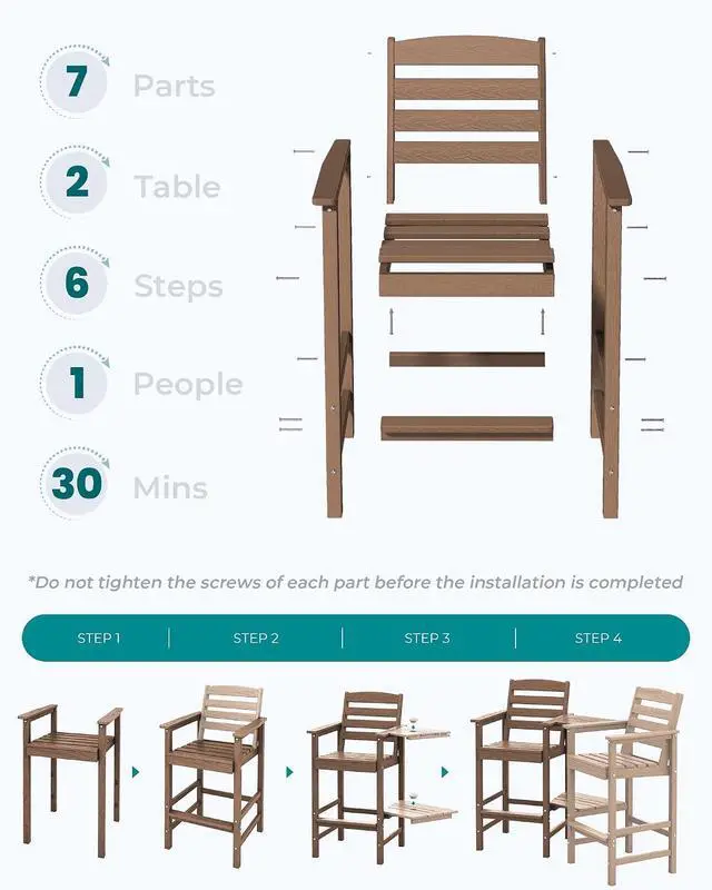 Alt view image 6 of 7 - Tall Adirondack Chairs Set of 2 with Connecting Table, Balcony Adirondack Chairs Set, Outdoor Bar Height Barstools Chair Set for Bistro, Poolside, Garden, Brown