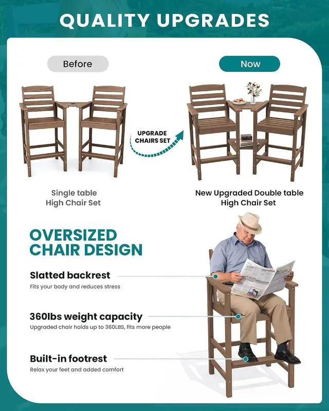 Alt view image 4 of 7 - Tall Adirondack Chairs Set of 2 with Connecting Table, Balcony Adirondack Chairs Set, Outdoor Bar Height Barstools Chair Set for Bistro, Poolside, Garden, Brown
