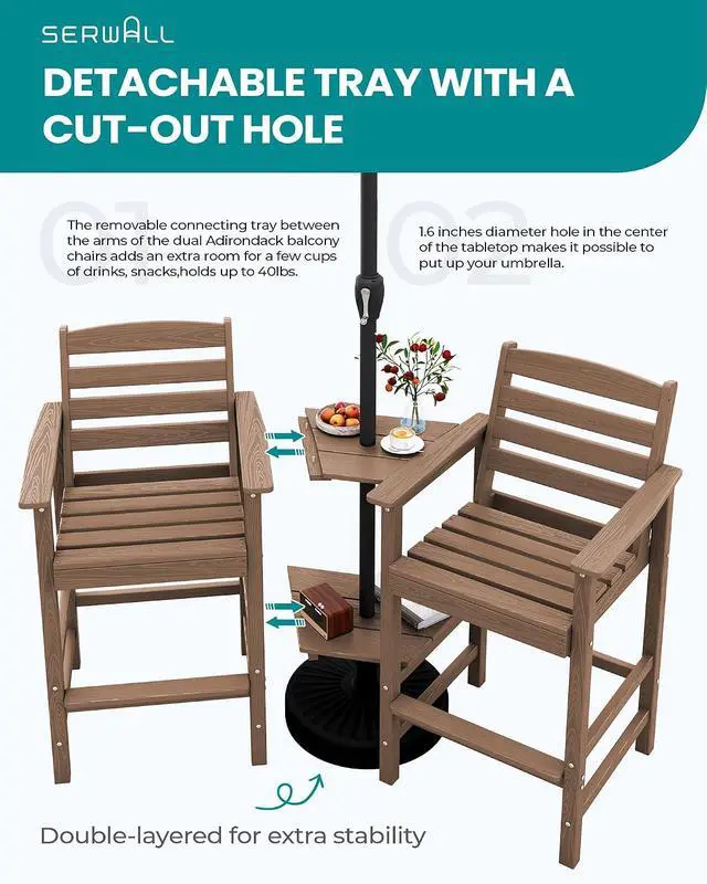 Alt view image 5 of 7 - Tall Adirondack Chairs Set of 2 with Connecting Table, Balcony Adirondack Chairs Set, Outdoor Bar Height Barstools Chair Set for Bistro, Poolside, Garden, Brown