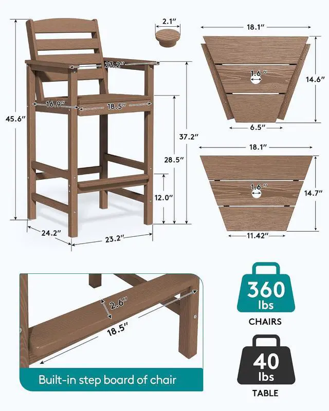 Alt view image 3 of 7 - Tall Adirondack Chairs Set of 2 with Connecting Table, Balcony Adirondack Chairs Set, Outdoor Bar Height Barstools Chair Set for Bistro, Poolside, Garden, Brown