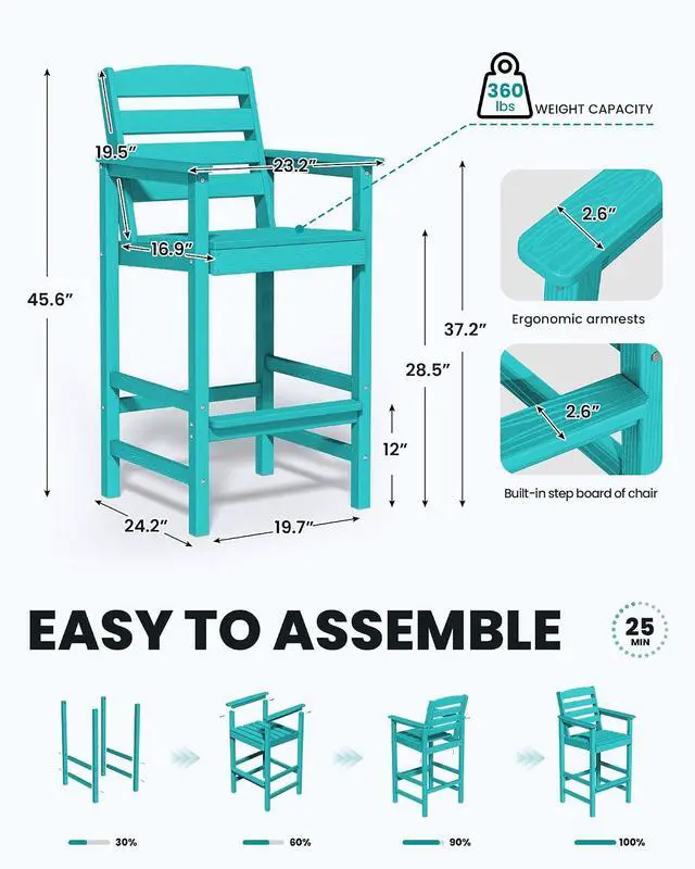 Alt view image 2 of 7 - Tall Adirondack Chairs Set of 2, Oversize Balcony Adirondack Chairs Set, Outdoor Bar Height Barstools Widened Chair Set for Bistro, Poolside, Garden, Aruba