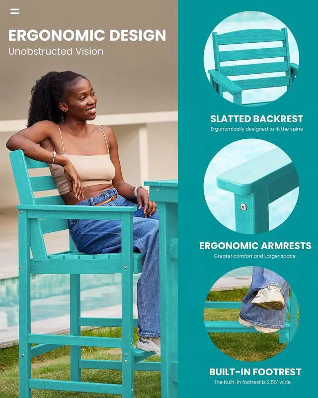 Alt view image 4 of 7 - Tall Adirondack Chairs Set of 2, Oversize Balcony Adirondack Chairs Set, Outdoor Bar Height Barstools Widened Chair Set for Bistro, Poolside, Garden, Aruba