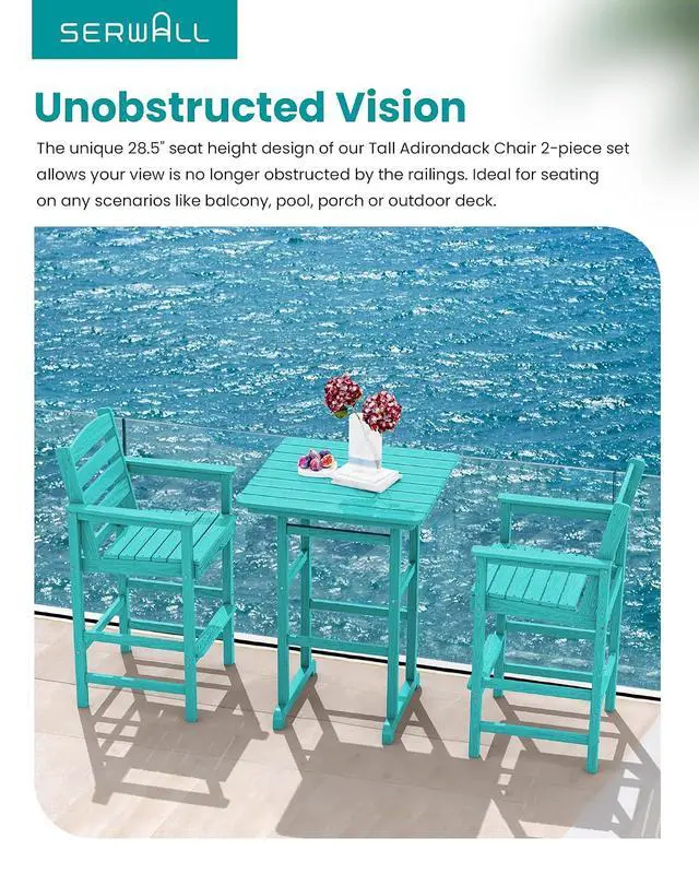 Alt view image 5 of 7 - Tall Adirondack Chairs Set of 2, Oversize Balcony Adirondack Chairs Set, Outdoor Bar Height Barstools Widened Chair Set for Bistro, Poolside, Garden, Aruba