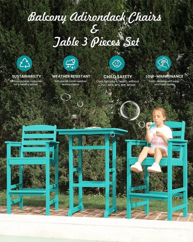 Alt view image 7 of 7 - Tall Adirondack Chairs Set of 2, Oversize Balcony Adirondack Chairs Set, Outdoor Bar Height Barstools Widened Chair Set for Bistro, Poolside, Garden, Aruba