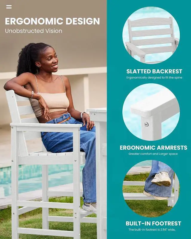 Alt view image 4 of 7 - Tall Adirondack Chairs Set of 2, Oversize Balcony Adirondack Chairs Set, Outdoor Bar Height Barstools Widened Chair Set for Bistro, Poolside, Garden, White