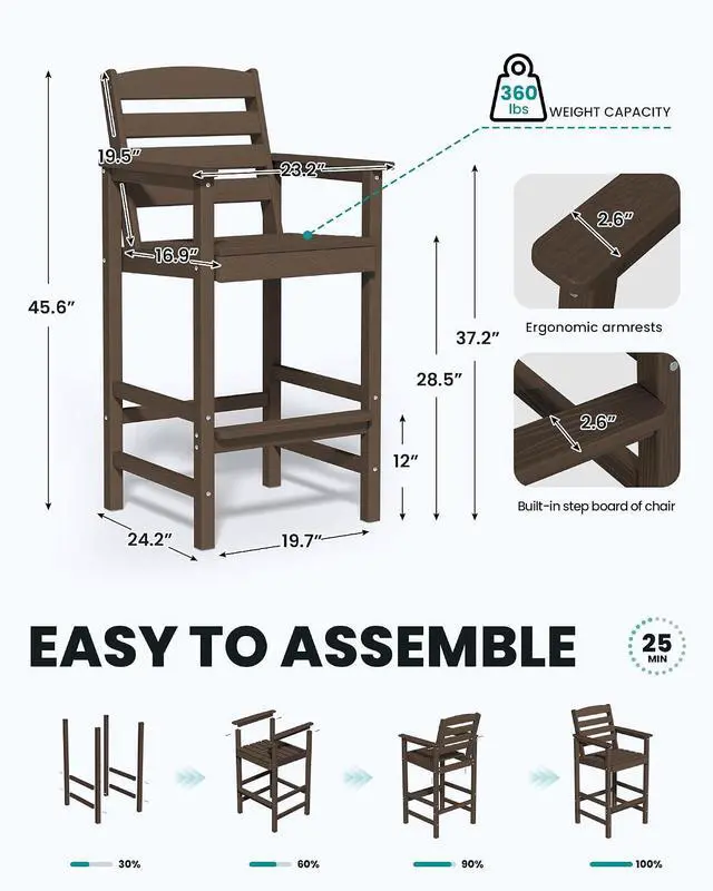 Alt view image 2 of 7 - Tall Adirondack Chairs Set of 2, Oversize Balcony Adirondack Chairs Set, Outdoor Bar Height Barstools Widened Chair Set for Bistro, Poolside, Garden, Coffee