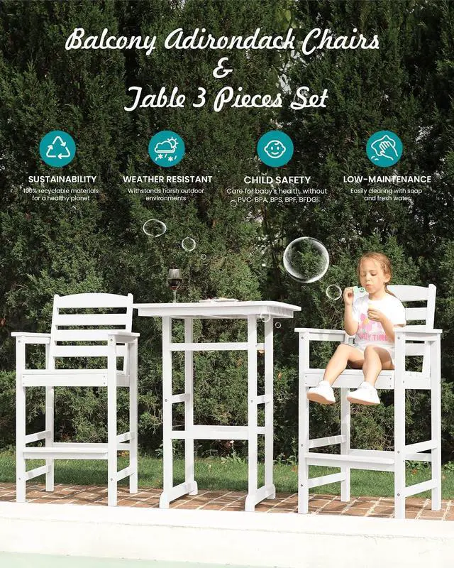 Alt view image 6 of 7 - Tall Adirondack Chairs Set of 2, Oversize Balcony Adirondack Chairs Set, Outdoor Bar Height Barstools Widened Chair Set for Bistro, Poolside, Garden, White