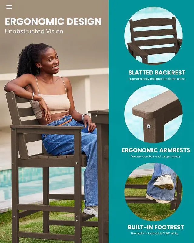 Alt view image 4 of 7 - Tall Adirondack Chairs Set of 2, Oversize Balcony Adirondack Chairs Set, Outdoor Bar Height Barstools Widened Chair Set for Bistro, Poolside, Garden, Coffee