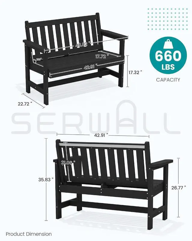 Alt view image 3 of 7 - Outdoor Bench, HDPE Outdoor Benches Weatherproof, 2-Person Garden Bench with 660 lbs Weight Capacity, Patio Benches for Outdoors, Garden, Porch, Backyard and Park, Black