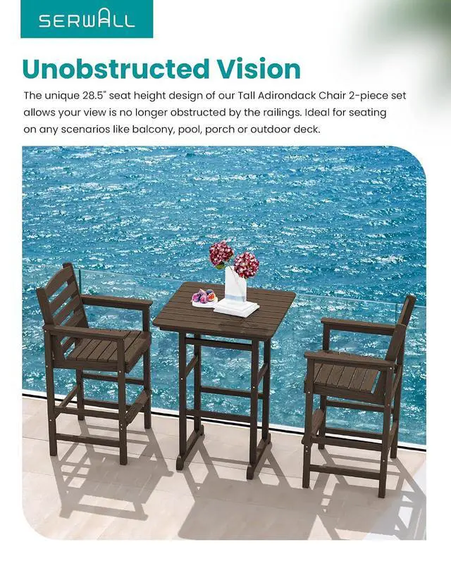Alt view image 7 of 7 - Tall Adirondack Chairs Set of 2, Oversize Balcony Adirondack Chairs Set, Outdoor Bar Height Barstools Widened Chair Set for Bistro, Poolside, Garden, Coffee