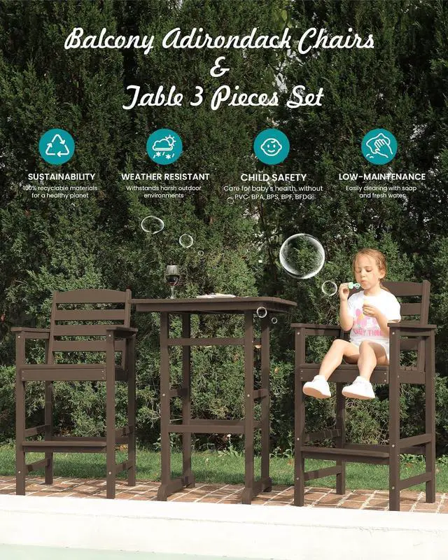 Alt view image 6 of 7 - Tall Adirondack Chairs Set of 2, Oversize Balcony Adirondack Chairs Set, Outdoor Bar Height Barstools Widened Chair Set for Bistro, Poolside, Garden, Coffee