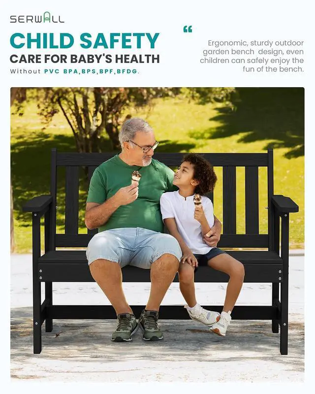Alt view image 6 of 7 - Outdoor Bench, HDPE Outdoor Benches Weatherproof, 2-Person Garden Bench with 660 lbs Weight Capacity, Patio Benches for Outdoors, Garden, Porch, Backyard and Park, Black