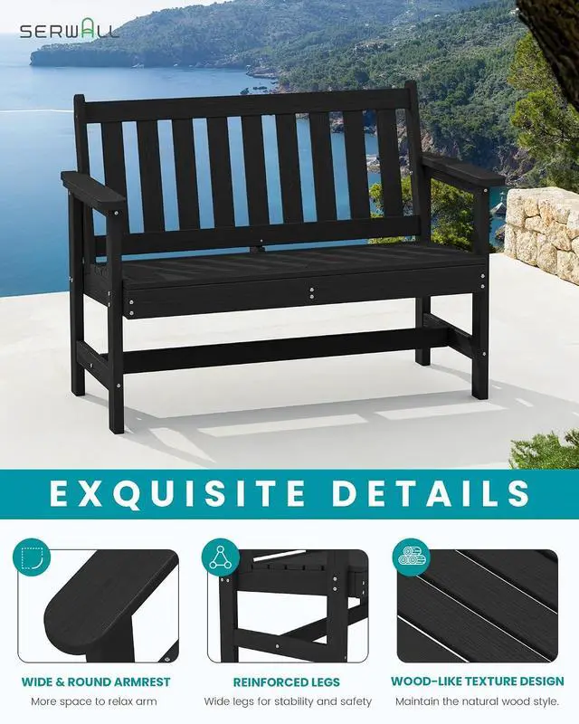 Alt view image 4 of 7 - Outdoor Bench, HDPE Outdoor Benches Weatherproof, 2-Person Garden Bench with 660 lbs Weight Capacity, Patio Benches for Outdoors, Garden, Porch, Backyard and Park, Black