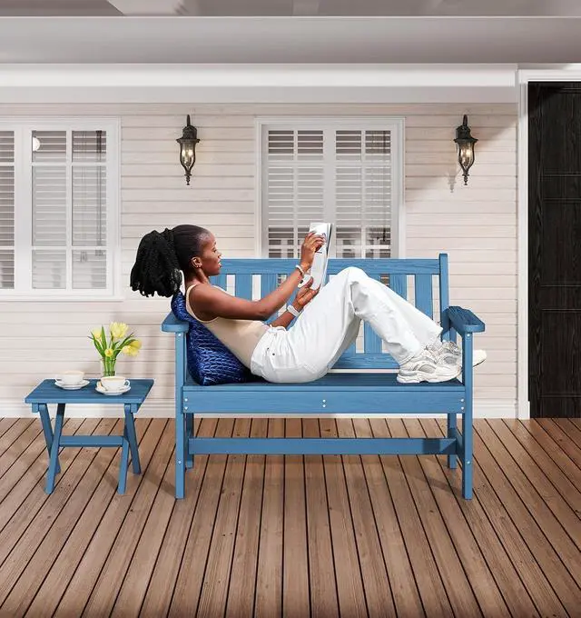 Alt view image 2 of 7 - Outdoor Bench, HDPE Outdoor Benches Weatherproof, 2-Person Garden Bench with 660 lbs Weight Capacity, Patio Benches for Outdoors, Garden, Porch, Backyard and Park, Navy Blue