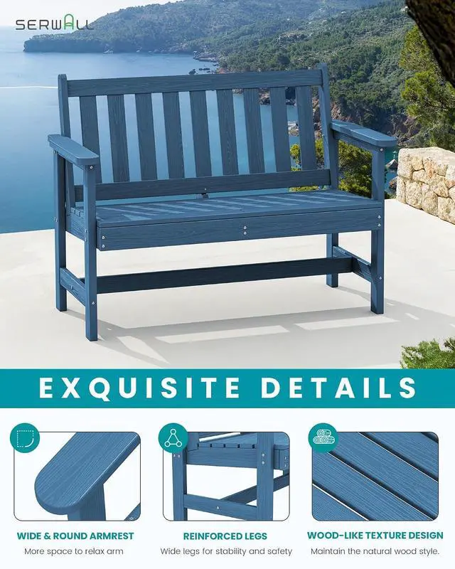 Alt view image 4 of 7 - Outdoor Bench, HDPE Outdoor Benches Weatherproof, 2-Person Garden Bench with 660 lbs Weight Capacity, Patio Benches for Outdoors, Garden, Porch, Backyard and Park, Navy Blue