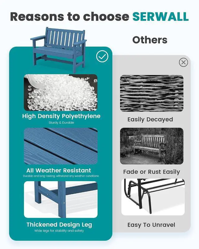 Alt view image 7 of 7 - Outdoor Bench, HDPE Outdoor Benches Weatherproof, 2-Person Garden Bench with 660 lbs Weight Capacity, Patio Benches for Outdoors, Garden, Porch, Backyard and Park, Navy Blue