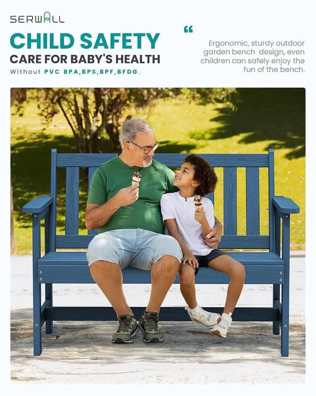 Alt view image 6 of 7 - Outdoor Bench, HDPE Outdoor Benches Weatherproof, 2-Person Garden Bench with 660 lbs Weight Capacity, Patio Benches for Outdoors, Garden, Porch, Backyard and Park, Navy Blue
