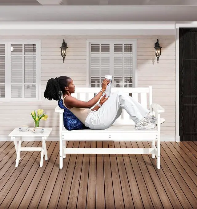Alt view image 2 of 7 - Outdoor Bench, HDPE Outdoor Benches Weatherproof, 2-Person Garden Bench with 660 lbs Weight Capacity, Patio Benches for Outdoors, Garden, Porch, Backyard and Park, White