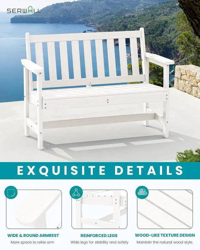 Alt view image 4 of 7 - Outdoor Bench, HDPE Outdoor Benches Weatherproof, 2-Person Garden Bench with 660 lbs Weight Capacity, Patio Benches for Outdoors, Garden, Porch, Backyard and Park, White
