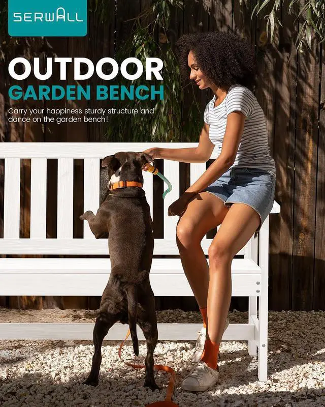 Alt view image 6 of 7 - Outdoor Bench, HDPE Outdoor Benches Weatherproof, 2-Person Garden Bench with 660 lbs Weight Capacity, Patio Benches for Outdoors, Garden, Porch, Backyard and Park, White