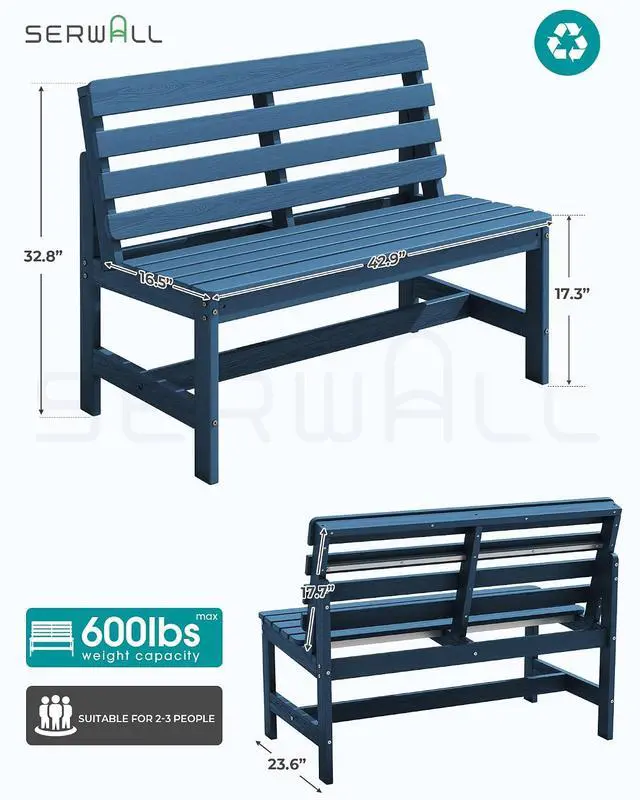 Alt view image 3 of 7 - Outdoor Bench, All Weather HDPE Outdoor Benches, 2-Person Armless Porch Bench with 600 lbs Weight Capacity, Patio Benches for Outdoors, Porch, Park and Dining, Navy