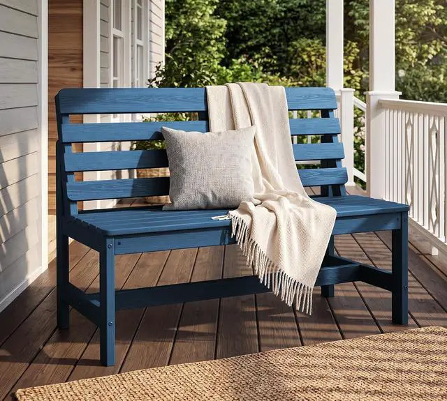 Alt view image 2 of 7 - Outdoor Bench, All Weather HDPE Outdoor Benches, 2-Person Armless Porch Bench with 600 lbs Weight Capacity, Patio Benches for Outdoors, Porch, Park and Dining, Navy