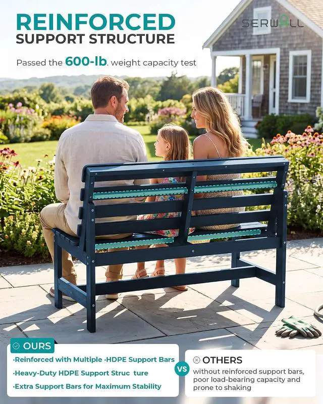 Alt view image 6 of 7 - Outdoor Bench, All Weather HDPE Outdoor Benches, 2-Person Armless Porch Bench with 600 lbs Weight Capacity, Patio Benches for Outdoors, Porch, Park and Dining, Navy