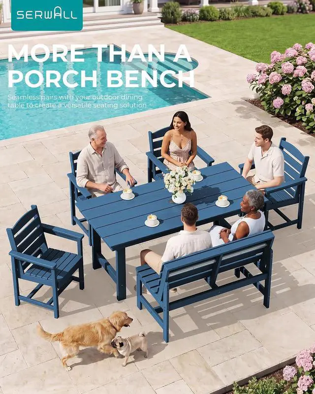 Alt view image 4 of 7 - Outdoor Bench, All Weather HDPE Outdoor Benches, 2-Person Armless Porch Bench with 600 lbs Weight Capacity, Patio Benches for Outdoors, Porch, Park and Dining, Navy