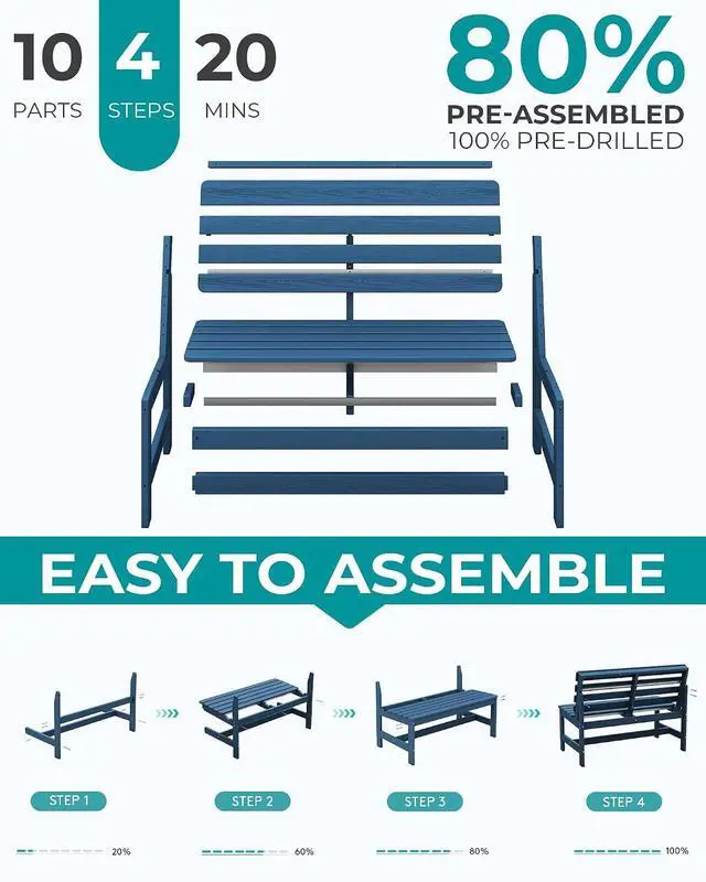 Alt view image 7 of 7 - Outdoor Bench, All Weather HDPE Outdoor Benches, 2-Person Armless Porch Bench with 600 lbs Weight Capacity, Patio Benches for Outdoors, Porch, Park and Dining, Navy, 2 Pack
