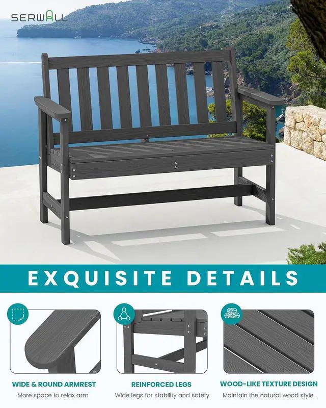 Alt view image 4 of 7 - Outdoor Bench, HDPE Outdoor Benches Weatherproof, 2-Person Garden Bench with 660 lbs Weight Capacity, Patio Benches for Outdoors, Garden, Porch, Backyard and Park, Grey
