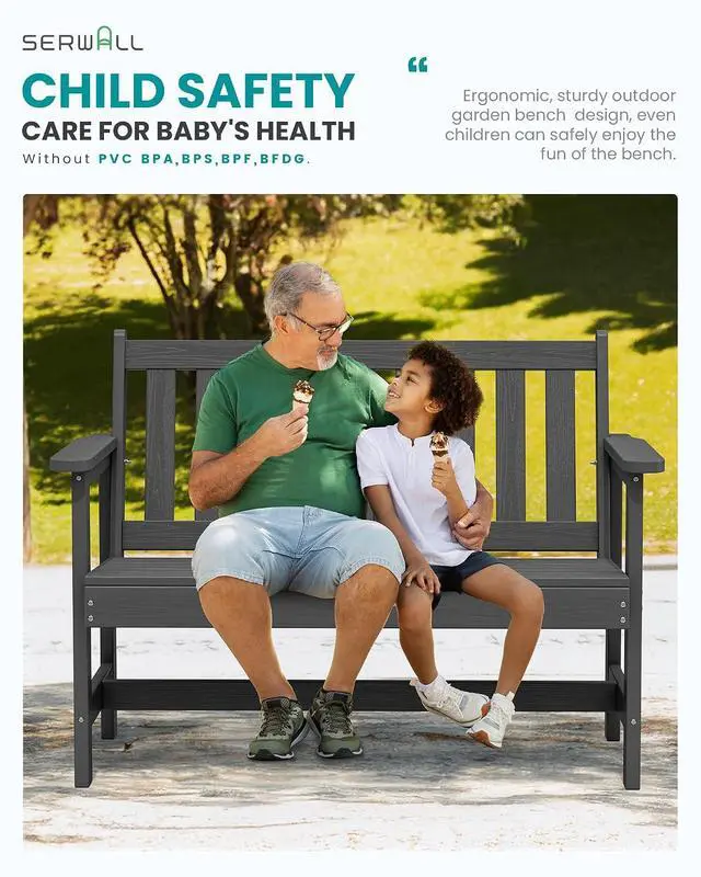 Alt view image 6 of 7 - Outdoor Bench, HDPE Outdoor Benches Weatherproof, 2-Person Garden Bench with 660 lbs Weight Capacity, Patio Benches for Outdoors, Garden, Porch, Backyard and Park, Grey
