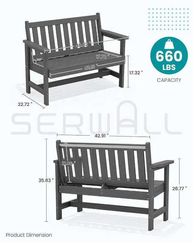 Alt view image 3 of 7 - Outdoor Bench, HDPE Outdoor Benches Weatherproof, 2-Person Garden Bench with 660 lbs Weight Capacity, Patio Benches for Outdoors, Garden, Porch, Backyard and Park, Grey