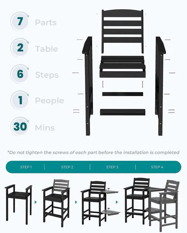 Alt view image 7 of 7 - Tall Adirondack Chairs Set of 2, Outdoor Bar Height Barstools Chair Set for Bistro, Poolside, Garden, Black (2 Pcs (Connecting))