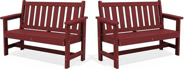 Main image of Outdoor Bench, HDPE Outdoor Benches Weatherproof, 2-Person Garden Bench with 660 lbs Weight Capacity, Patio Benches for Outdoors, Garden, Porch, Backyard and Park, Red, 2 Pack