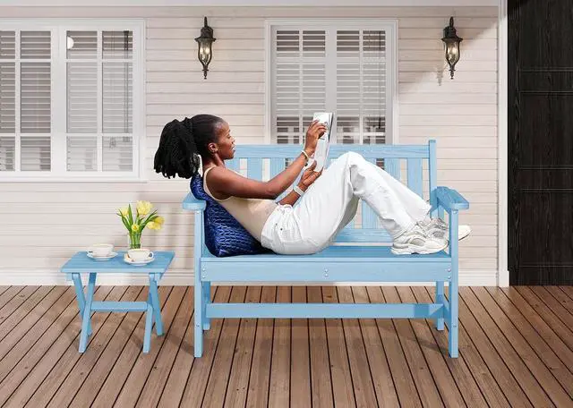 Alt view image 2 of 7 - Outdoor Bench, HDPE Outdoor Benches Weatherproof, 2-Person Garden Bench with 660 lbs Weight Capacity, Patio Benches for Outdoors, Garden, Porch, Backyard and Park, Light Blue