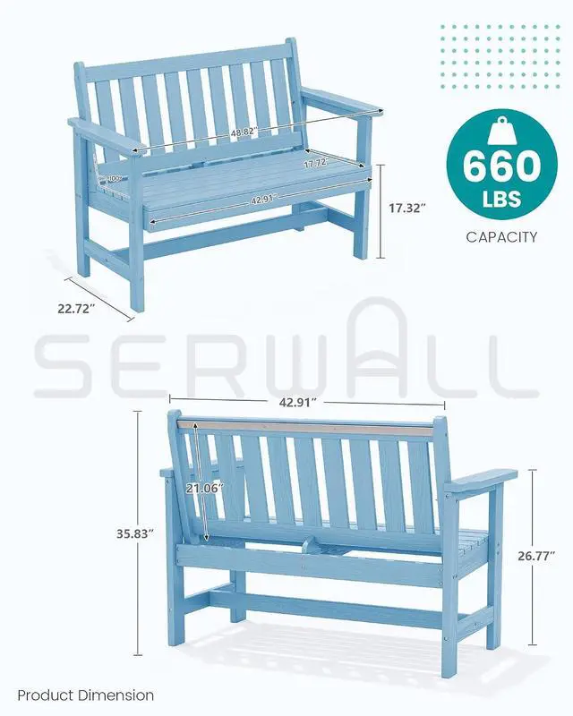 Alt view image 3 of 7 - Outdoor Bench, HDPE Outdoor Benches Weatherproof, 2-Person Garden Bench with 660 lbs Weight Capacity, Patio Benches for Outdoors, Garden, Porch, Backyard and Park, Light Blue