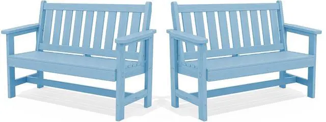 Main image of Outdoor Bench, HDPE Outdoor Benches Weatherproof, 2-Person Garden Bench with 660 lbs Weight Capacity, Patio Benches for Outdoors, Garden, Porch, Backyard and Park, Light Blue, 2 Pack