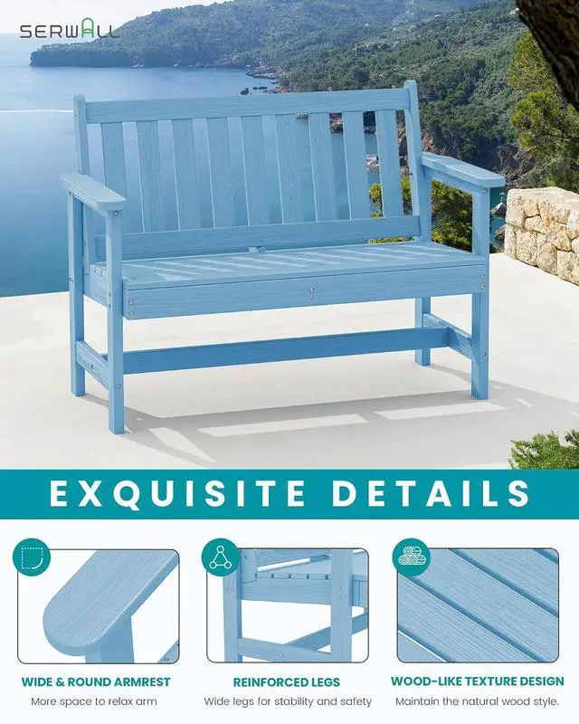 Alt view image 4 of 7 - Outdoor Bench, HDPE Outdoor Benches Weatherproof, 2-Person Garden Bench with 660 lbs Weight Capacity, Patio Benches for Outdoors, Garden, Porch, Backyard and Park, Light Blue