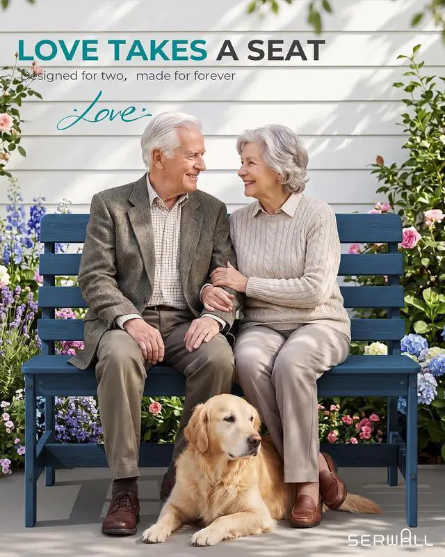 Alt view image 7 of 7 - Outdoor Bench, All Weather HDPE Outdoor Benches, 2-Person Armless Porch Bench with 600 lbs Weight Capacity, Patio Benches for Outdoors, Porch, Park and Dining, Navy
