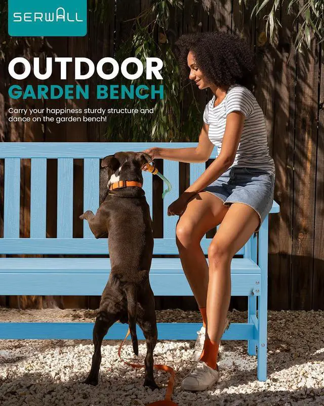 Alt view image 7 of 7 - Outdoor Bench, HDPE Outdoor Benches Weatherproof, 2-Person Garden Bench with 660 lbs Weight Capacity, Patio Benches for Outdoors, Garden, Porch, Backyard and Park, Light Blue