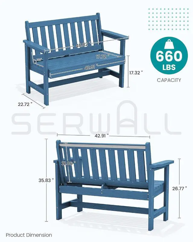 Alt view image 3 of 7 - HDPE Outdoor Benches Weatherproof, 2-Person Garden Bench with 660 lbs Weight Capacity, Patio Benches for Outdoors, Garden, Porch, Park, Navy, 2 Pack