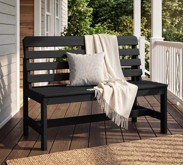 Alt view image 2 of 7 - Outdoor Bench, All Weather HDPE Outdoor Benches, 2-Person Armless Porch Bench with 600 lbs Weight Capacity, Patio Benches for Outdoors, Porch, Park and Dining, Black