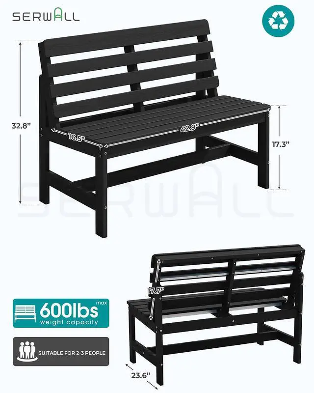 Alt view image 3 of 7 - Outdoor Bench, All Weather HDPE Outdoor Benches, 2-Person Armless Porch Bench with 600 lbs Weight Capacity, Patio Benches for Outdoors, Porch, Park and Dining, Black
