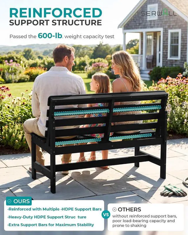 Alt view image 4 of 7 - Outdoor Bench, All Weather HDPE Outdoor Benches, 2-Person Armless Porch Bench with 600 lbs Weight Capacity, Patio Benches for Outdoors, Porch, Park and Dining, Black