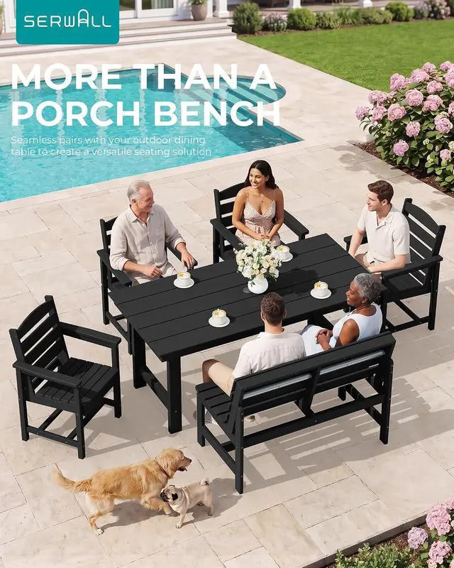 Alt view image 7 of 7 - Outdoor Bench, All Weather HDPE Outdoor Benches, 2-Person Armless Porch Bench with 600 lbs Weight Capacity, Patio Benches for Outdoors, Porch, Park and Dining, Black