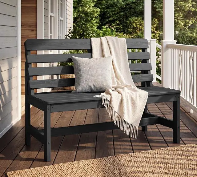 Alt view image 2 of 7 - Outdoor Bench, All Weather HDPE Outdoor Benches, 2-Person Armless Porch Bench with 600 lbs Weight Capacity, Patio Benches for Outdoors, Porch, Park and Dining, Grey