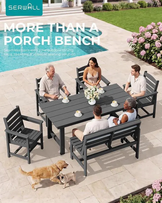 Alt view image 4 of 7 - Outdoor Bench, All Weather HDPE Outdoor Benches, 2-Person Armless Porch Bench with 600 lbs Weight Capacity, Patio Benches for Outdoors, Porch, Park and Dining, Grey